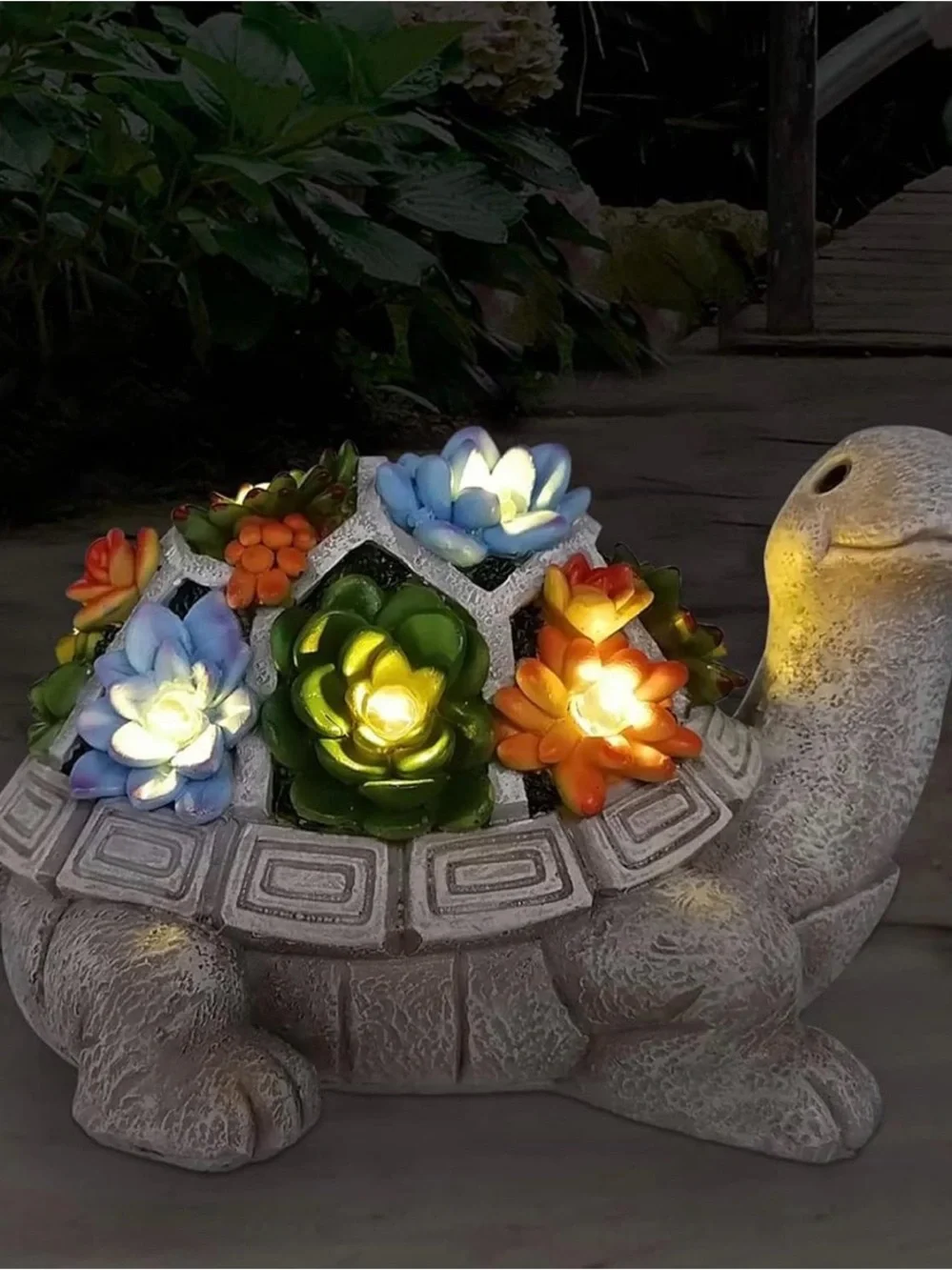 Solar Turtle Planter with Colorful LED Succulents - Garden Accent